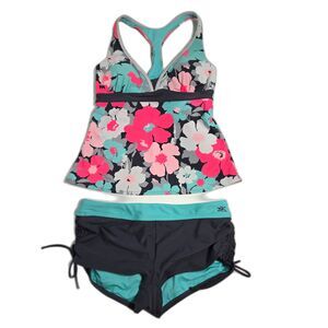 ZeroXposur Floral Racerback Tankini Bikini Set | Women's Size 12 | Gray Pink